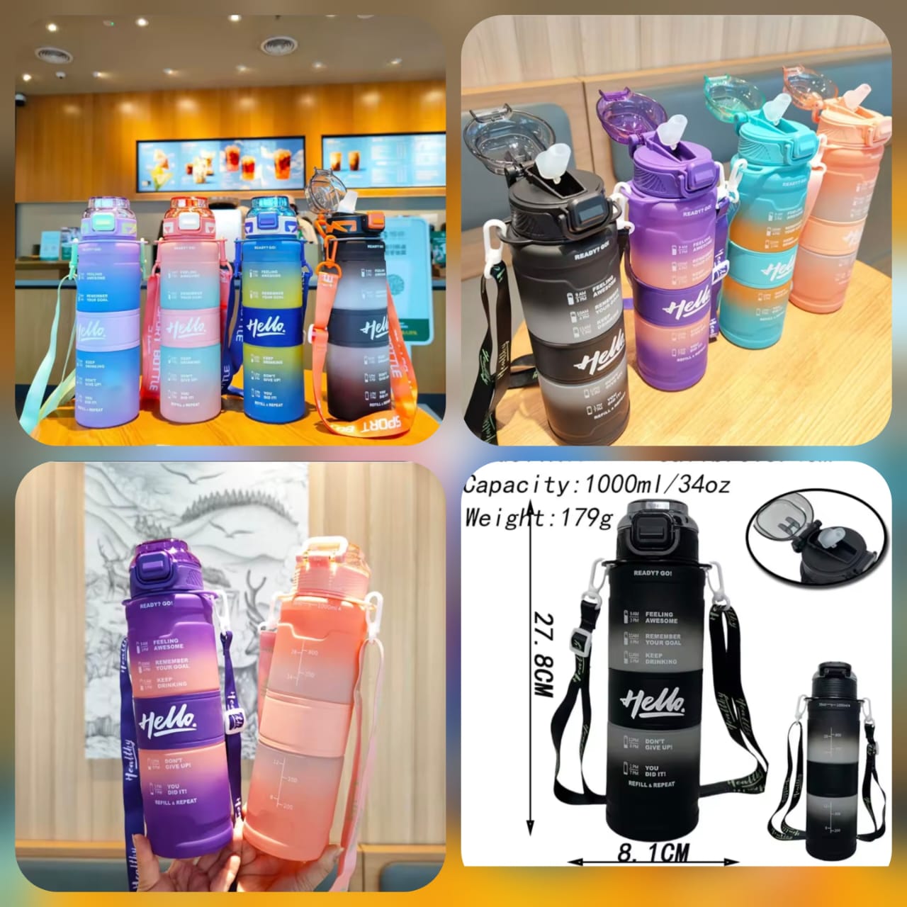 Hello - 1000ML Gradient Matte Sports Water Bottle