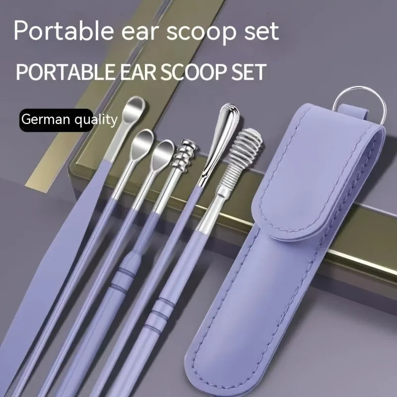 Ear Wax Cleaning Tool Kit – 6 Pcs Stainless Steel Earpick Set with Leather Pouch