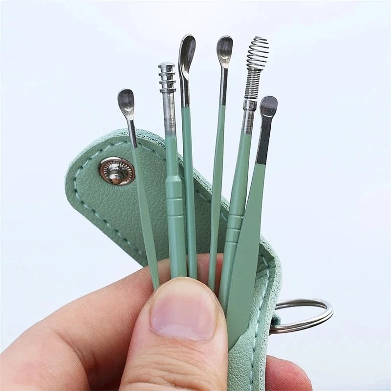 Ear Wax Cleaning Tool Kit – 6 Pcs Stainless Steel Earpick Set with Leather Pouch