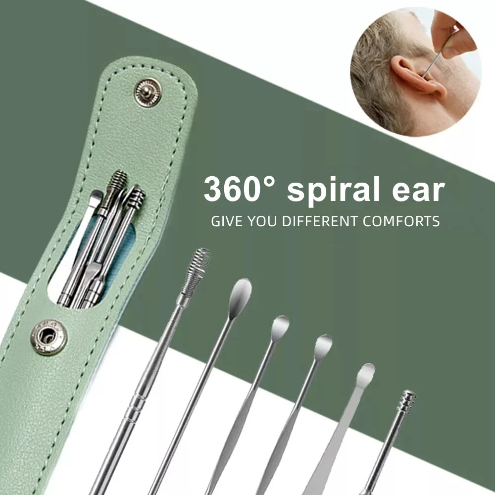 Ear Wax Cleaning Tool Kit – 6 Pcs Stainless Steel Earpick Set with Leather Pouch