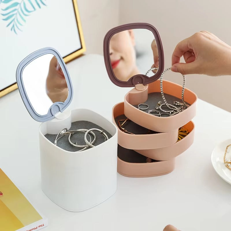 4-Layer Rotating Jewelry Organizer Box with Mirror