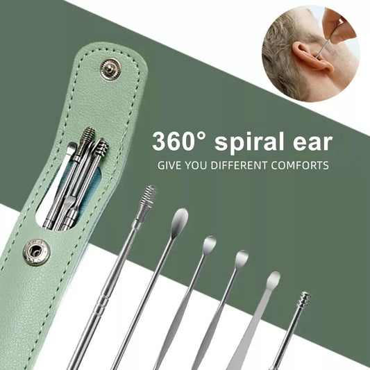 Ear Wax Cleaning Tool Kit – 6 Pcs Stainless Steel Earpick Set with Leather Pouch