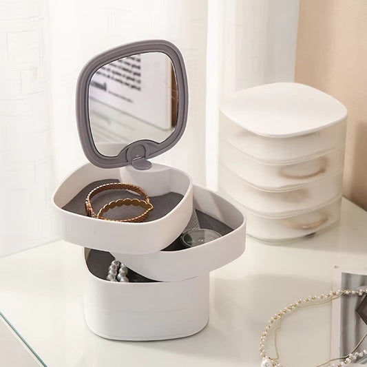 4-Layer Rotating Jewelry Organizer Box with Mirror