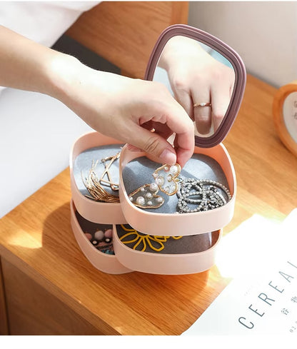 4-Layer Rotating Jewelry Organizer Box with Mirror